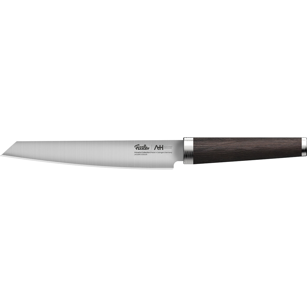 Fissler PrimeCut 18cm meat knife with precision blade made of stainless steel and dark wood handle, on a clean white background.