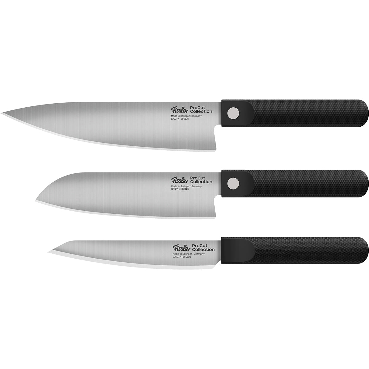 The Fissler ProCut 3-piece knife set—Universalmesser, Santokumesser, and Kochmesser—showcases precision-engineered silver blades and ergonomic black textured handles, arranged in a horizontal row on a white background. Crafted by Fissler, the heritage German brand renowned since 1845 for exceptional quality, durability, and innovative design in cookware and kitchen tools.
