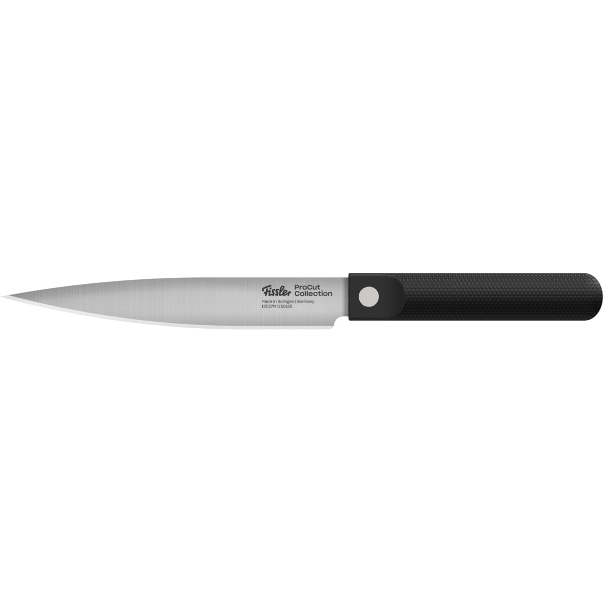 Fissler ProCut chef’s knife, crafted with a precision-engineered pointed stainless steel blade and an ergonomic textured black handle, exemplifies German quality and timeless design. As part of the Fissler ProCut 3-piece set, this versatile kitchen essential is displayed on a white background.