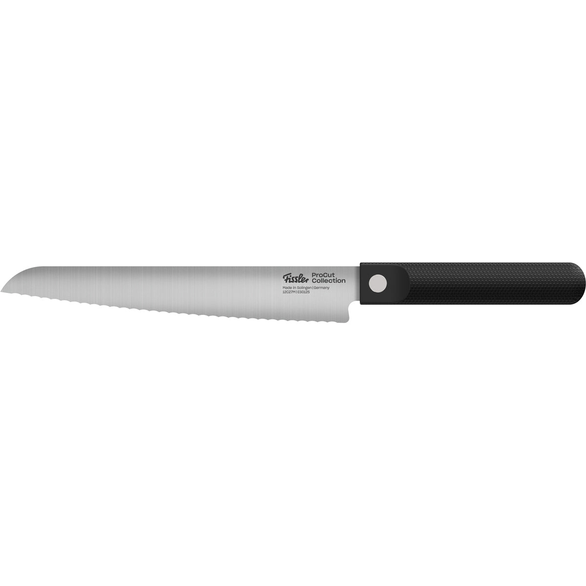 Das Fissler ProCut Brotmesser 21 cm, gefertigt von Fissler – Deutschlands Traditionsmarke seit 1845 – verfügt über eine fein gezahnte, extra gehärtete Klinge aus Silberstahl und einen ergonomisch strukturierten schwarzen Griff. Vor einem weißen Hintergrund spiegelt dieses Brotmesser die Tradition von Fissler wider: Präzisionstechnik, Langlebigkeit und zeitloses Design bei hochwertigem Küchenzubehör.