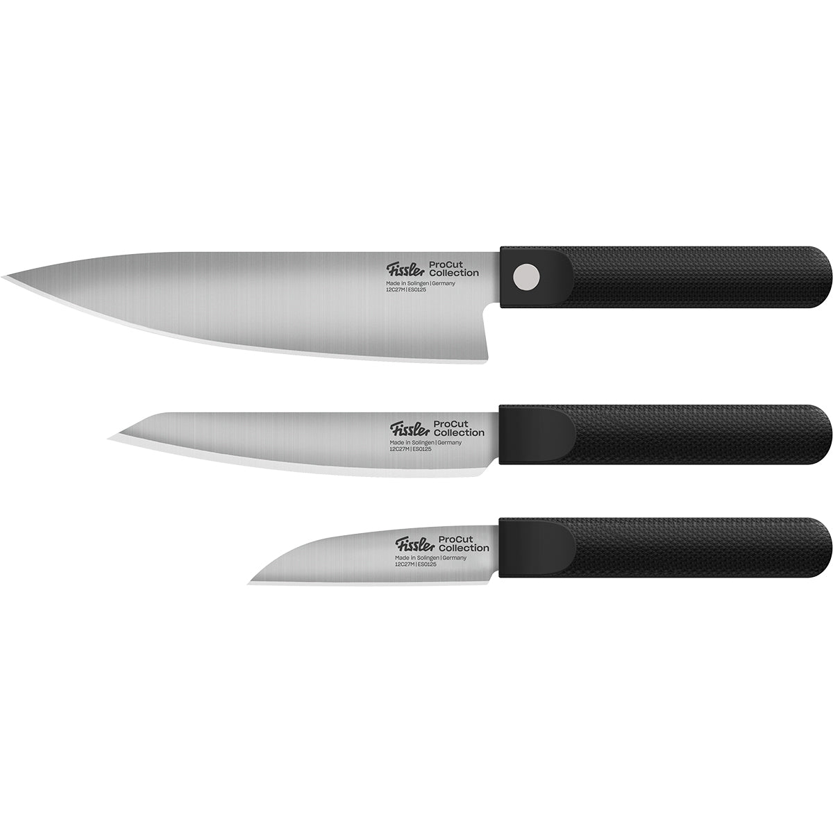 Experience the excellence of Fissler’s heritage craftsmanship with our ProCut 3-piece knife set, featuring a Kochmesser, Universalmesser, and Gemüsemesser. Each precision-engineered knife showcases our signature black textured handles and gleaming silver blades etched with the Fissler brand—“Made in Germany” quality. The knives are arranged horizontally by size, exemplifying timeless design and innovative durability that define every Fissler kitchen essential.