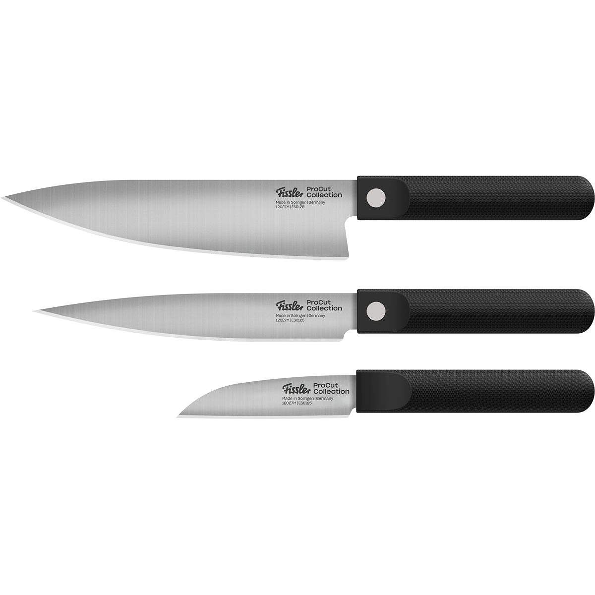 Three Fissler ProCut knives with ergonomic black handles and silver blades, showcasing German precision and design.