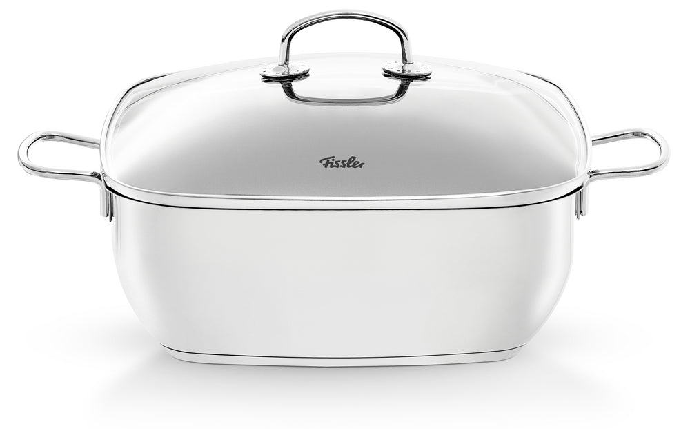 alt
Fissler Secural® stainless steel roaster with lid and side handles, shown in white. Induction/oven-safe. Made in Germany.