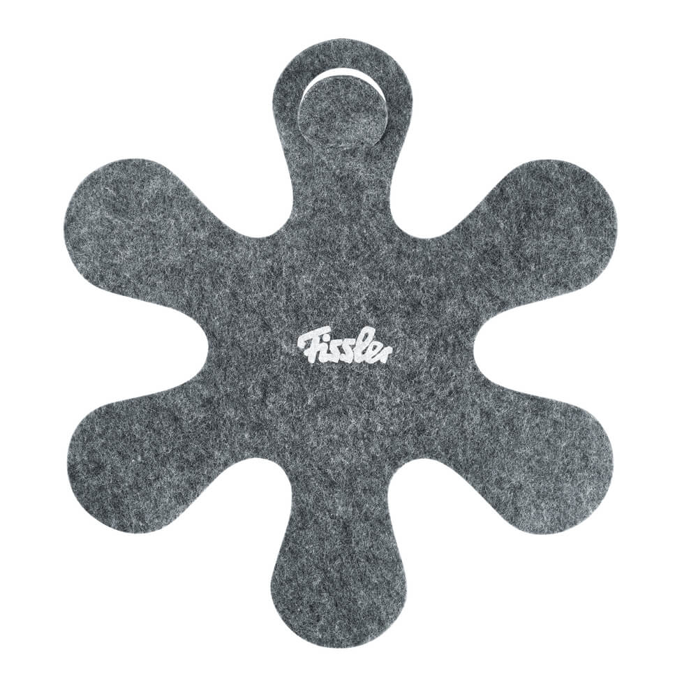 Fissler Pan Protector Set of 2: Gray felt protectors with six arms, round handle, white logo - protects pans & their coating.
