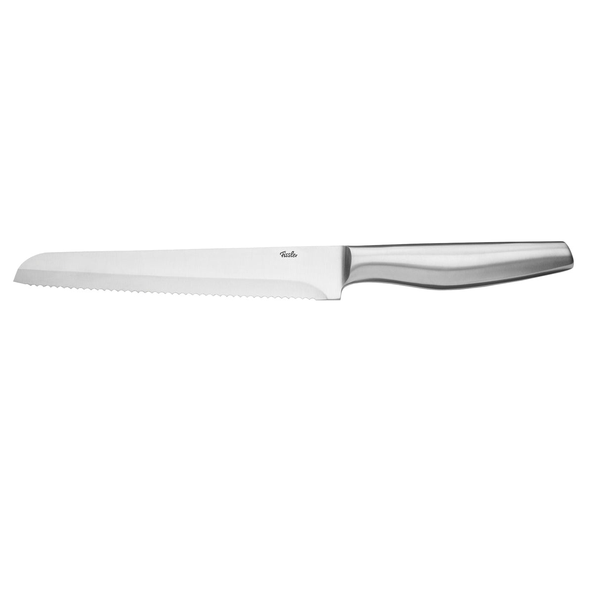 Fissler Essential® Bread Knife with Serrated Precision Blade made of Stainless Steel and Ergonomic Handle, on a White Background.