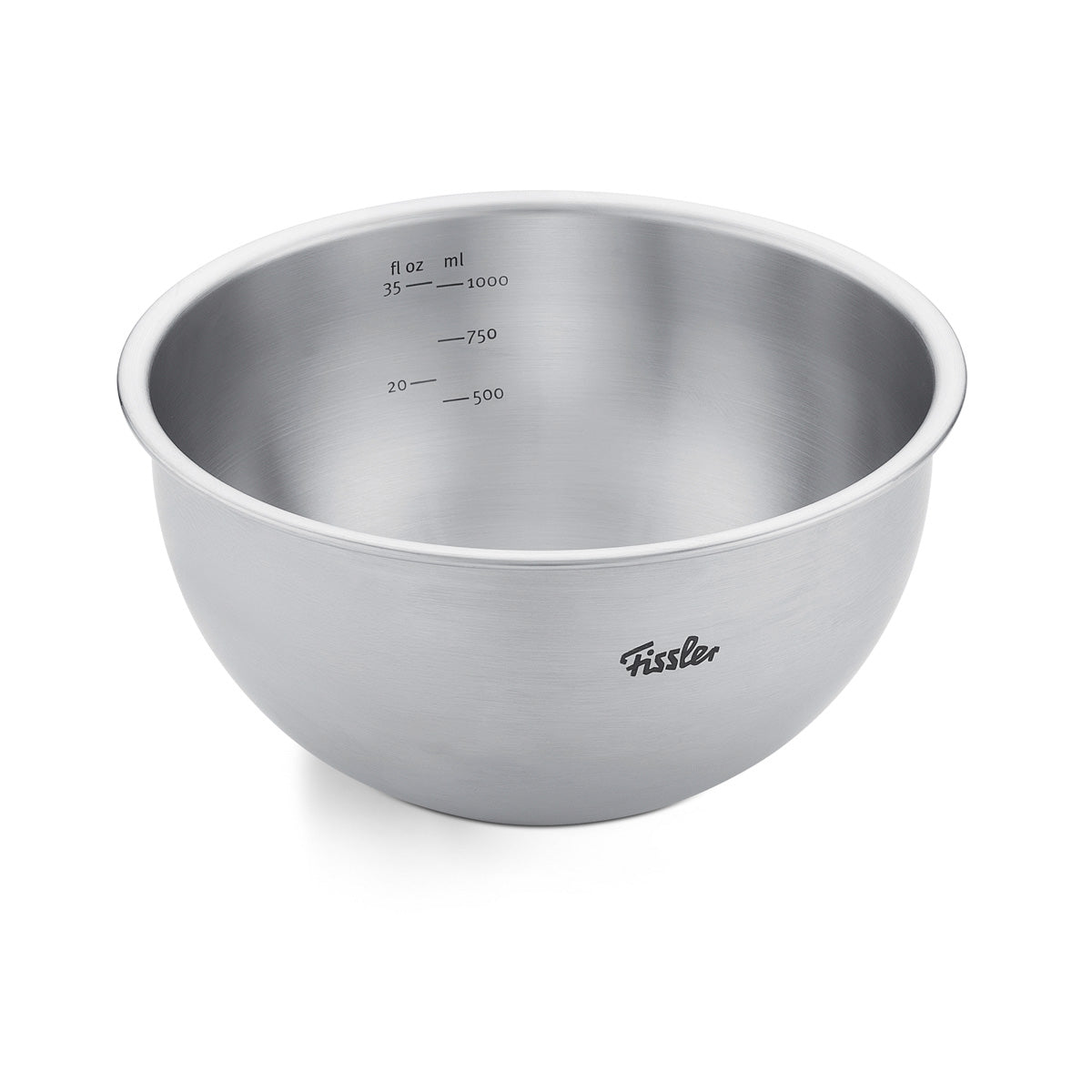 Fissler stainless steel mixing bowl, showcasing the renowned Fissler brand name and precise measurement markings in milliliters and fluid ounces on the interior. Crafted in Germany, this bowl features a polished, reflective finish that embodies Fissler's tradition of precision engineering, durability, and timeless design—perfect for any kitchen that values quality cookware.