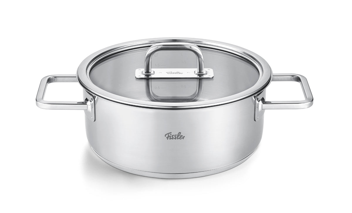 Fissler Viseo® Pro 5-piece Cookware Set in stainless steel with glass lids and ergonomic handles, Fissler logo visible, on white background.