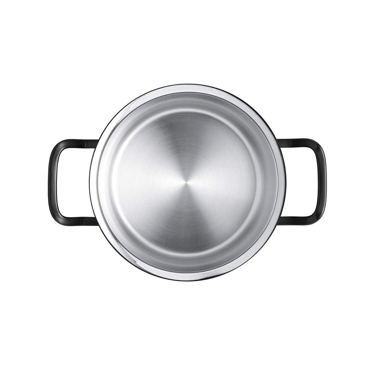 Draufsicht auf den Fissler Edelstahltopf mit schwarzen Griffen, PVD-Beschichtung, Original-Profi Collection®, auf weißem Hintergrund.
