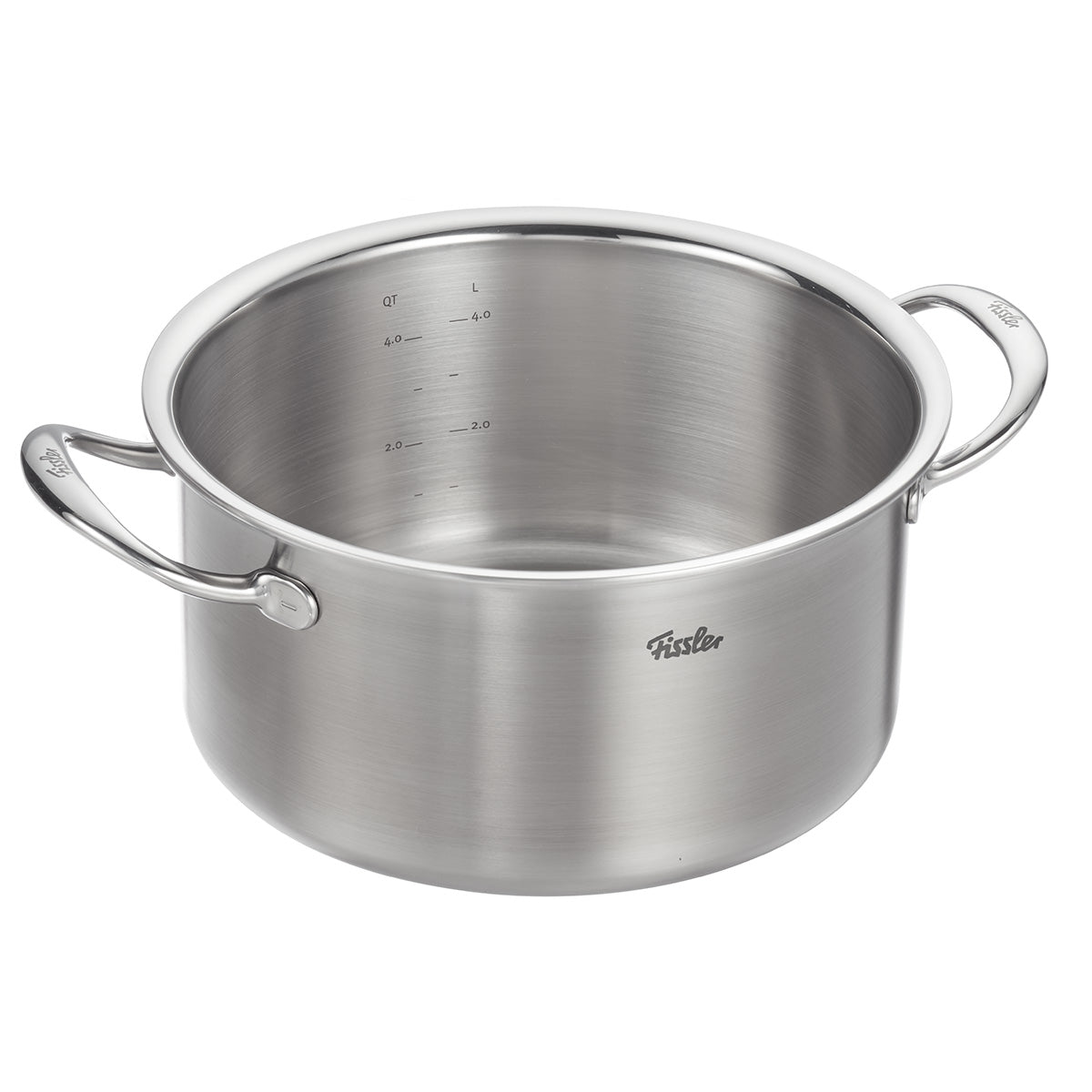 Fissler M5 Pro-Ply Kochtopf: spülmaschinenfester Edelstahl, recycelt, mit Skalierung, Metalldeckel & Induktion geeignet.