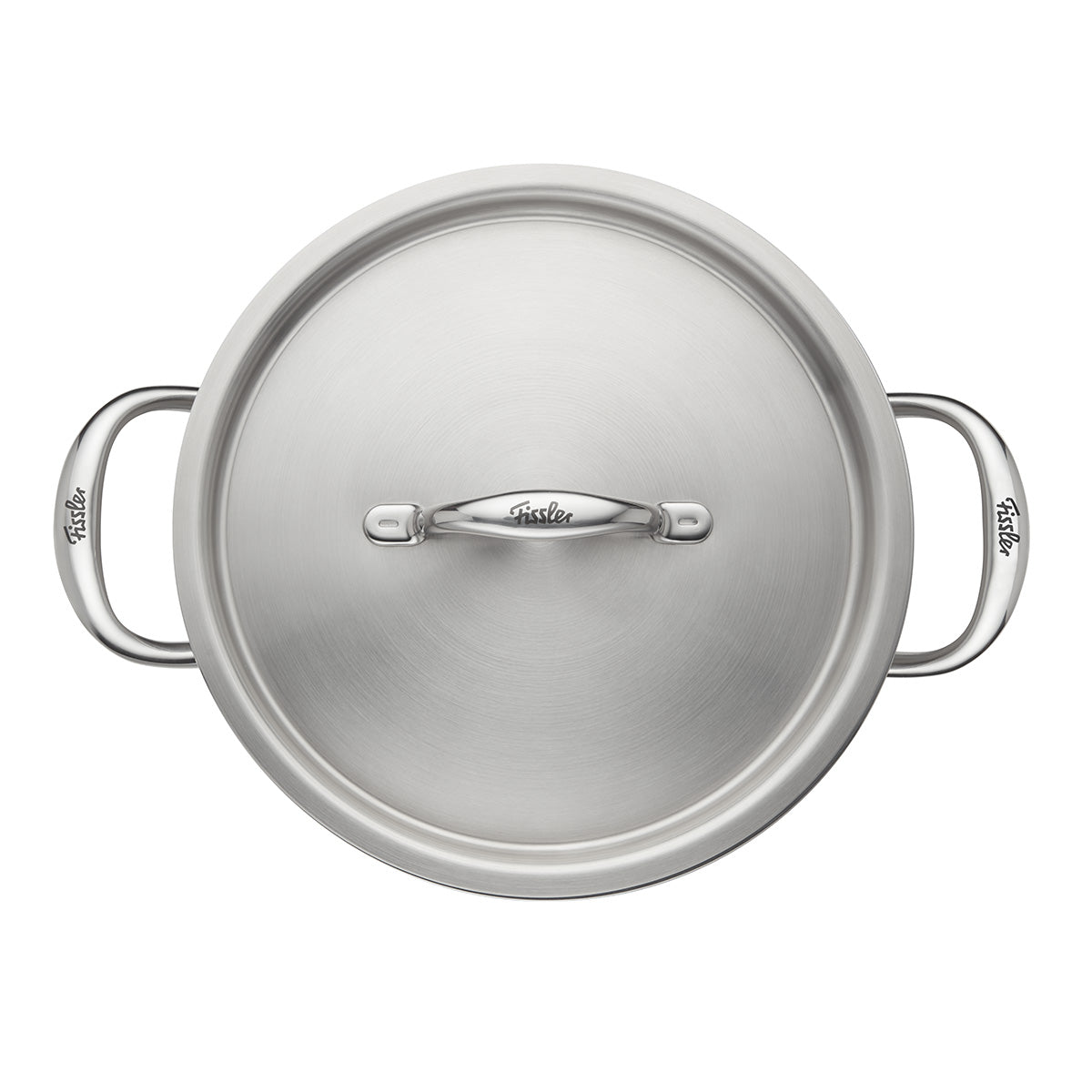 Draufsicht auf den Fissler M5 Pro-Ply Kochtopf aus Edelstahl, mit Metall-Deckel, zwei Griffen und gebürstetem Finish für Induktion.