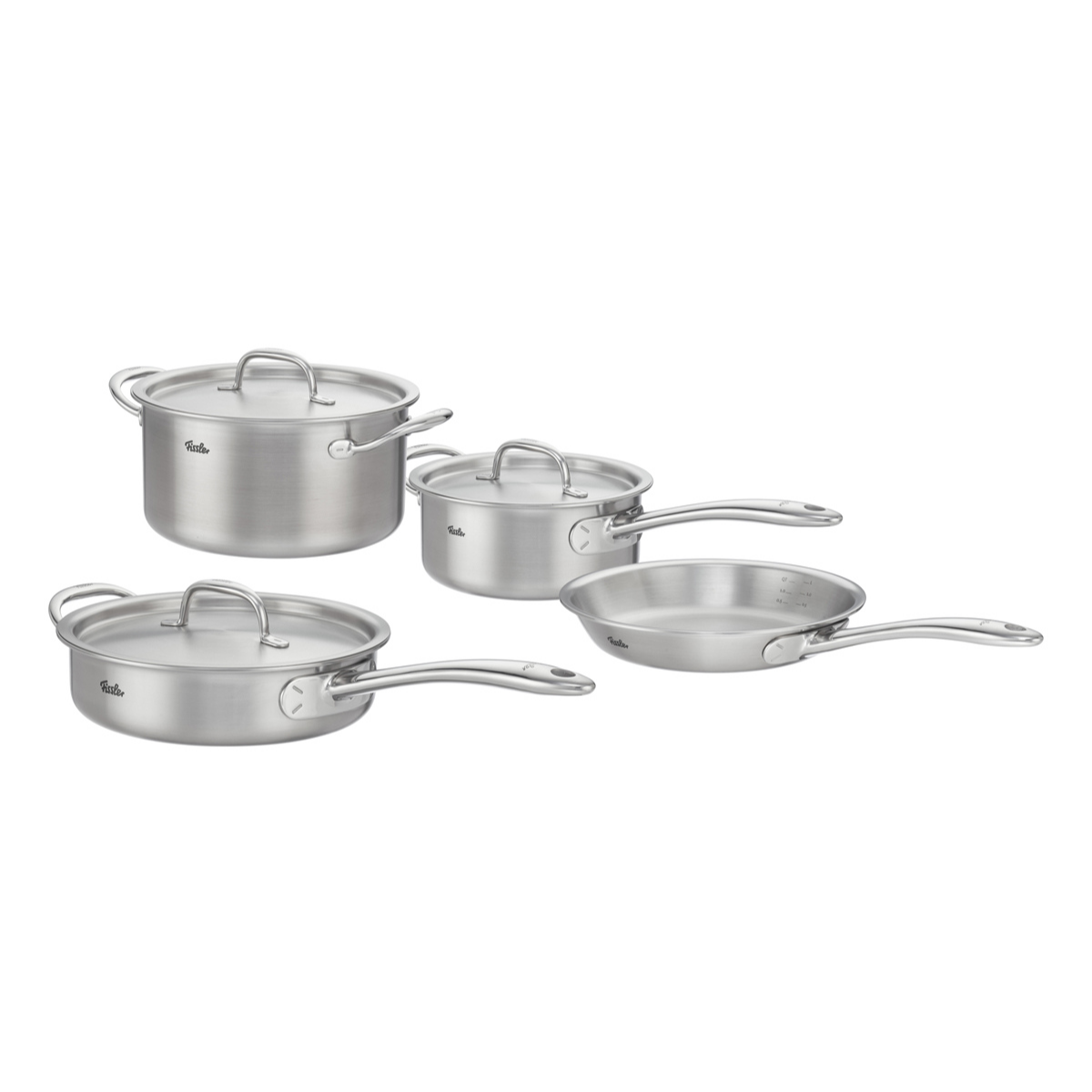 The 4-piece Fissler M5 Pro-Ply® set with metal lids is precision-made, sustainably produced stainless steel cookware—Made in Germany since 1845. Includes two pots with lids, one saucepan with lid, and one frying pan for modern kitchens that rely on