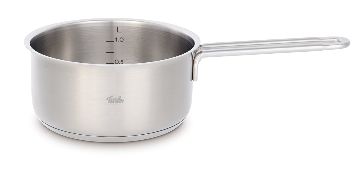 Fissler SatiTherm 5-tlg. Set: langlebige Edelstahltöpfe aus deutscher Produktion, Glasdeckel, induktionsgeeignet, zeitloses Design, 1,5L-Markierung.