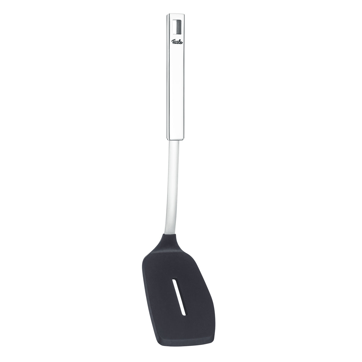 Fissler Original-Profi Collection® Slotted Spatula with Black Silicone Head and Long Stainless Steel Handle; modern, durable design.