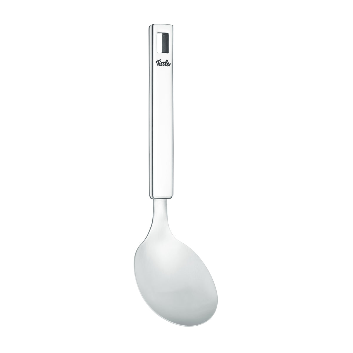 Fissler Original-Profi Collection® vegetable/rice spoon made from high-quality 18/10 Stainless Steel, with a modern white handle.