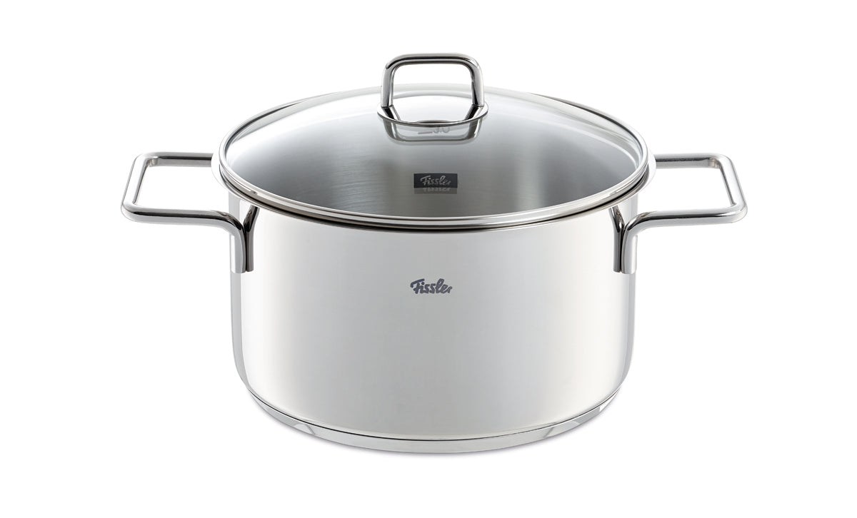 Fissler LumiTherm 5-piece Cookware Set with glass lids made of high-quality stainless steel, timeless German design, precision-crafted on a white background.