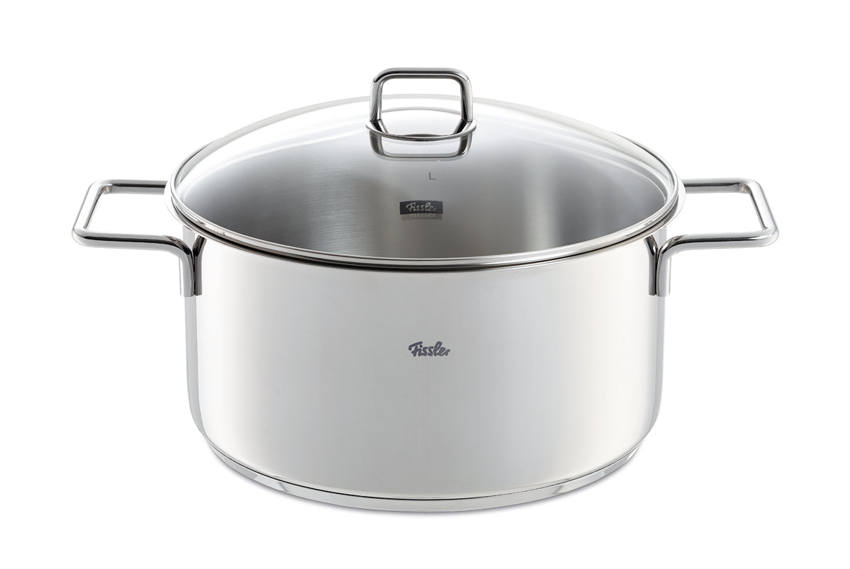 Fissler LumiTherm 5-piece stainless steel cookware set with glass lids, two handles, and typical German Fissler quality.