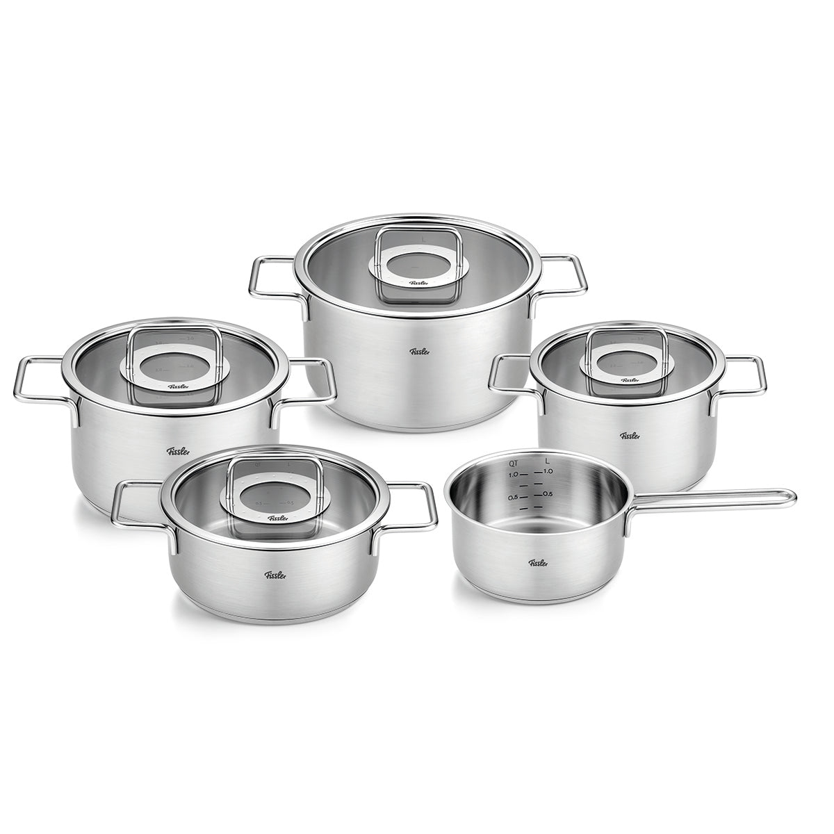 Fissler Pure Collection® 5-piece Cookware Set made from recycled stainless steel with glass lids, metal handles and markings, on a white background.