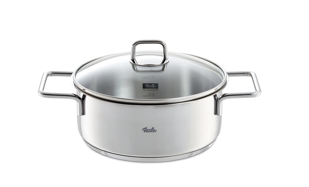 Fissler LumiTherm 5-piece Cookware Set made of stainless steel with clear lids and measuring marks, precision-made in Germany, on a white background.
