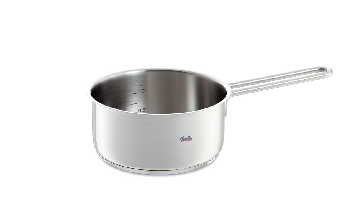 Fissler LumiTherm 5-piece stainless steel pot set with glass lid, long handle, and measuring marks. Precision Made in Germany.