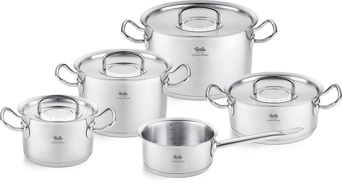 Fissler Original-Profi Collection® Retro 5-teiliges Topfset aus Edelstahl, robuste Griffe, polierte Oberfläche. Hergestellt in Deutschland.