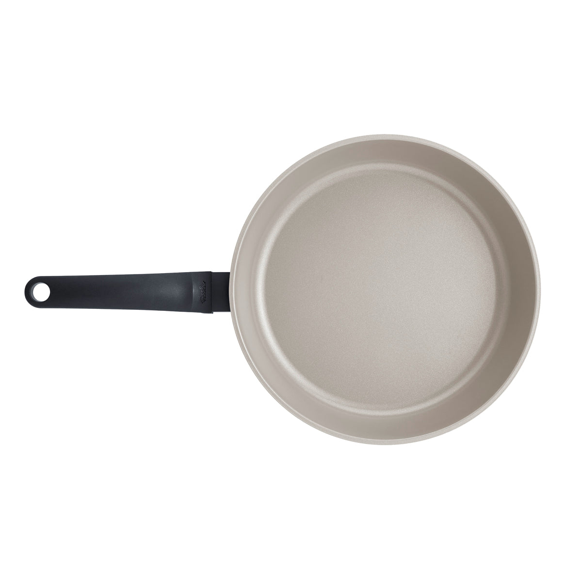 Draufsicht auf das 2-teilige Fissler Ceratal® Evo Classic Pfannenset, beige mit schwarzen Griffen, Keramikbeschichtung, auf weißem Hintergrund.