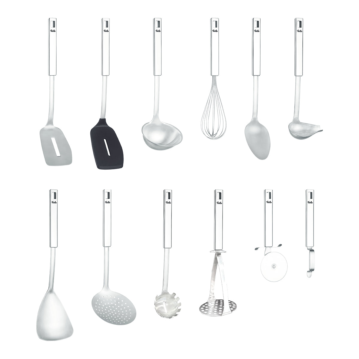 Fissler Original-Profi Collection® 12-piece utensil set, high-quality stainless steel tools arranged in two neat rows on a white background.