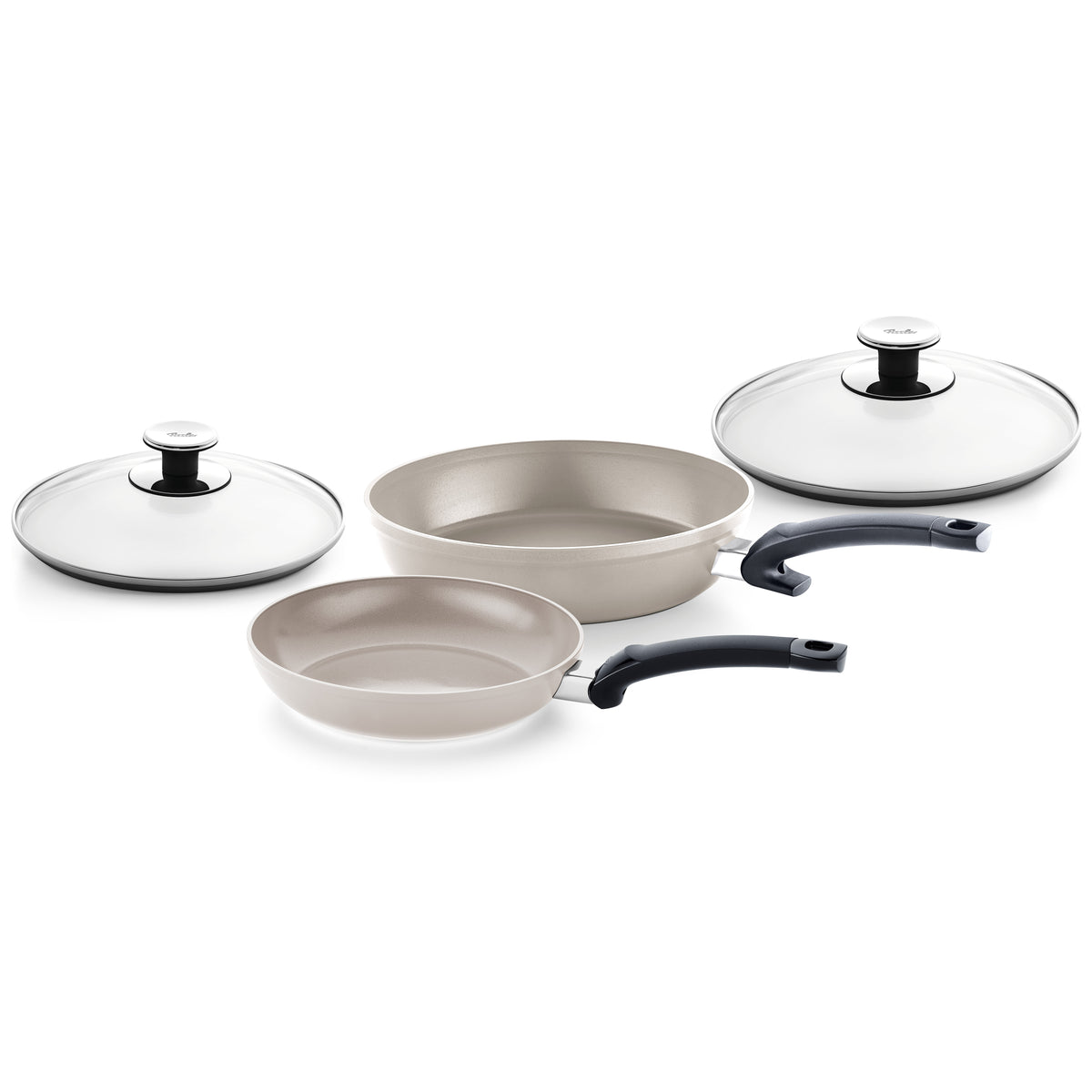 Fissler Ceratal® 2-piece beige Frying Pan Set (28 cm & 24 cm) PTFE-free, Glass Lid, black handles - precision "Made in Germany".