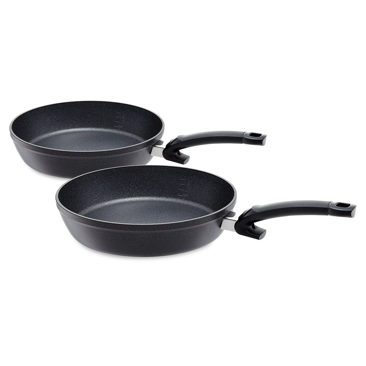 Fissler Adamant® Comfort Pans (24 cm & 28 cm), made in Germany, with curved handles shown angled to highlight their robust design.
