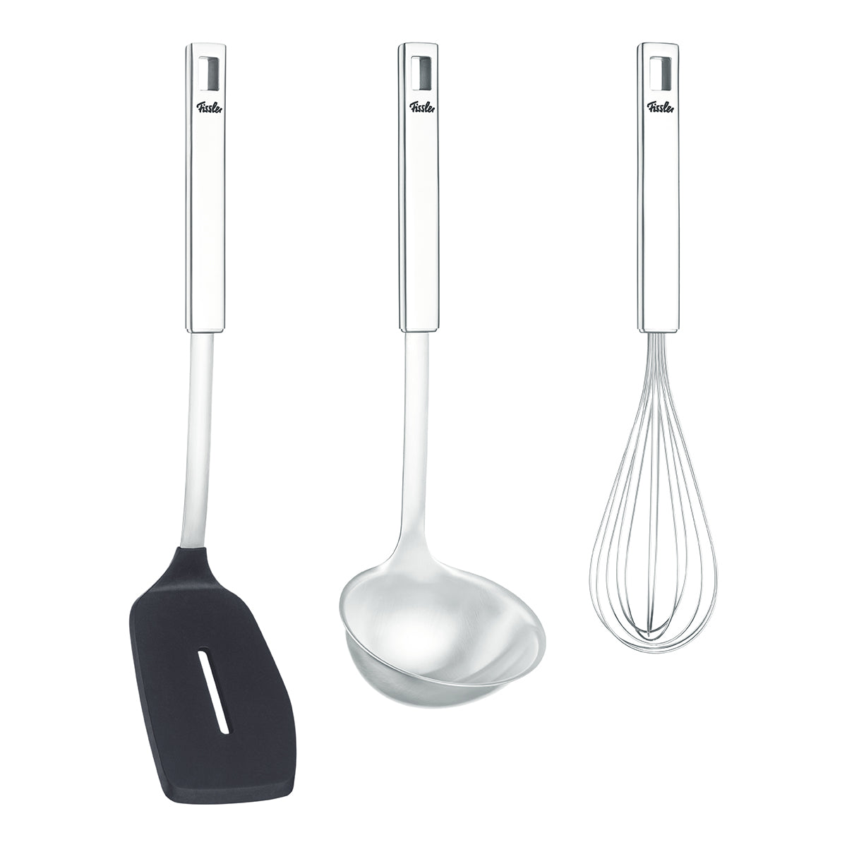 Fissler Original-Profi Collection® Set: Spatula, ladle, and whisk with slim, ergonomic stainless steel handles.