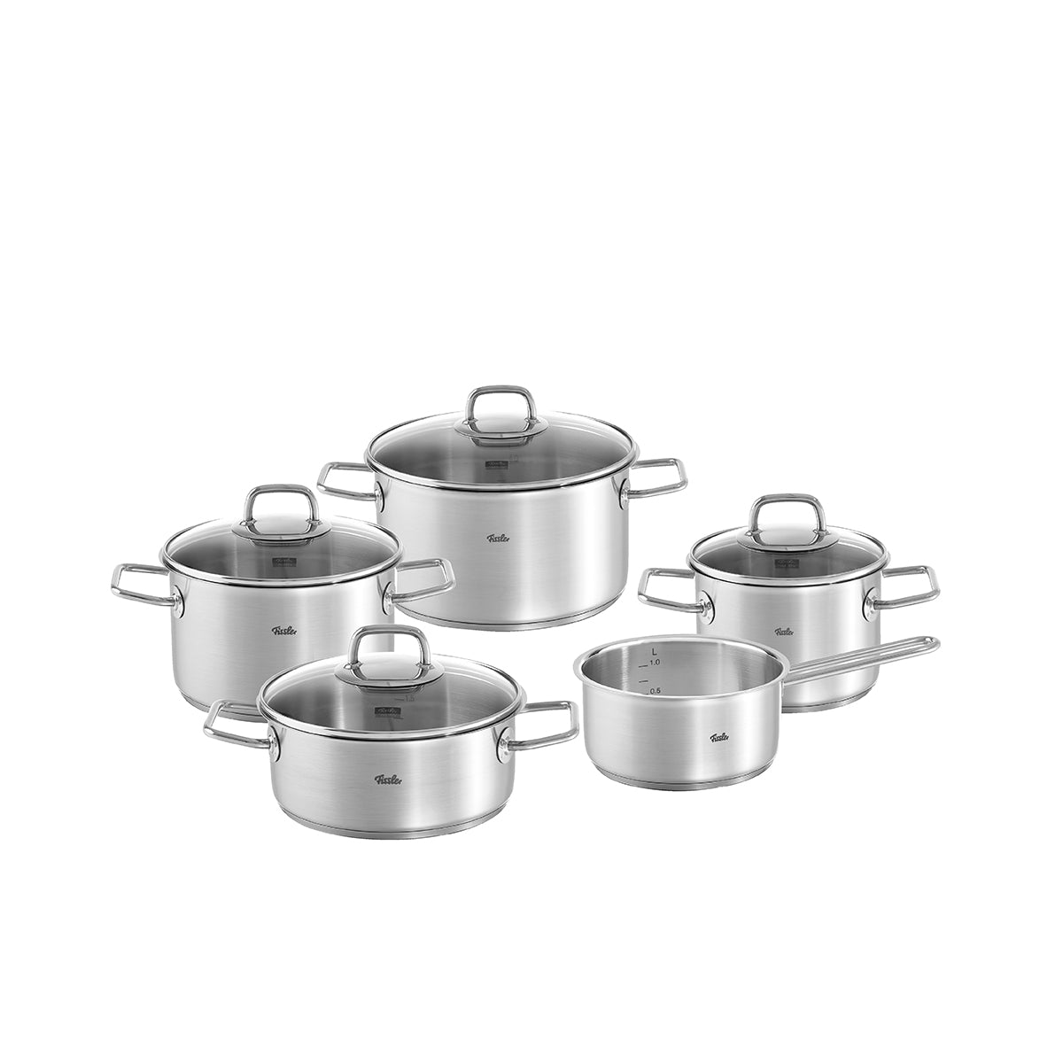 Fissler Viseo® 5-piece stainless steel Cookware Set with glass lids, double handles, suitable for induction. Precision "Made in Germany".