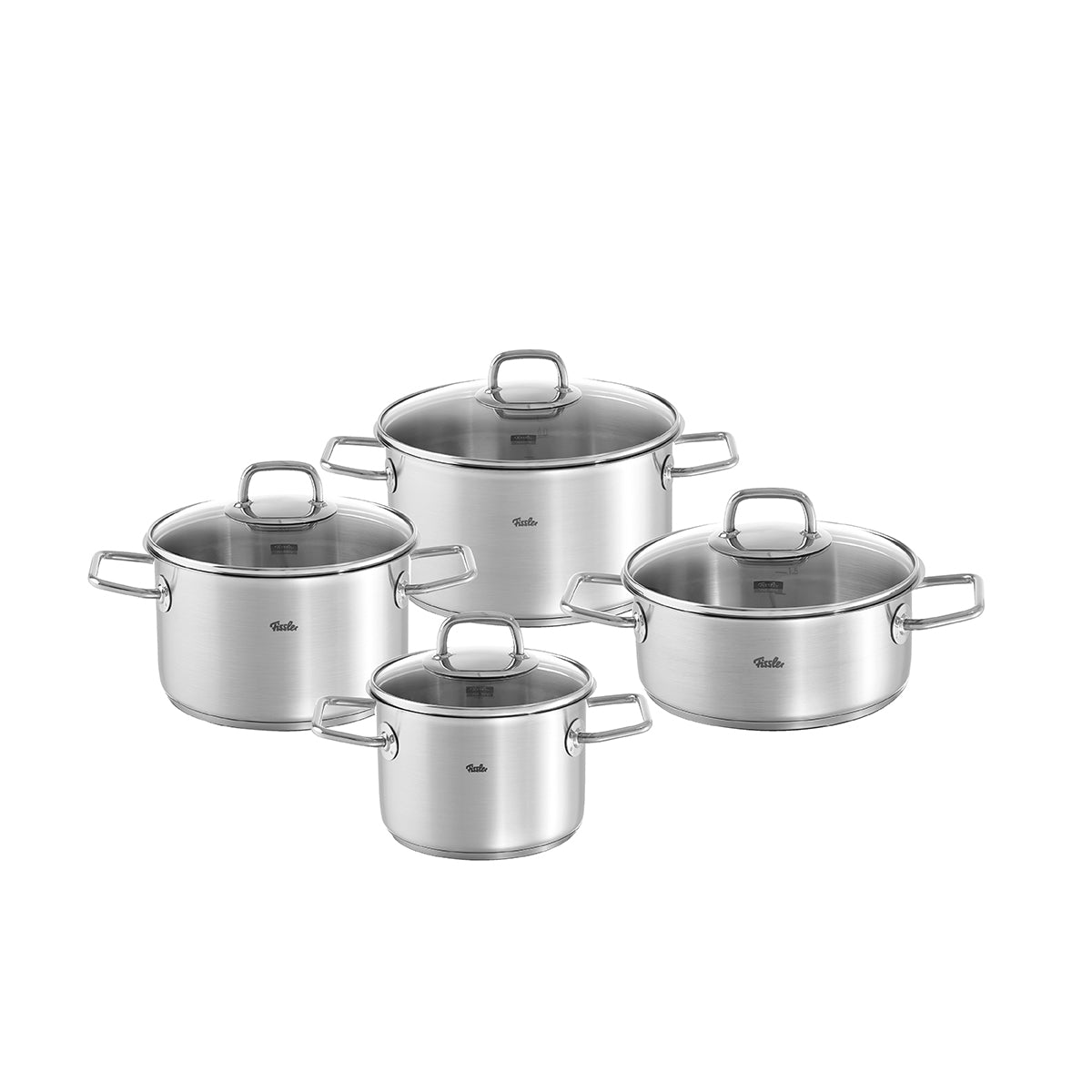 Fissler Viseo® 4-piece Cookware Set made of stainless steel with glass lids, Fissler logo, suitable for induction. Long-lasting quality made in Germany.