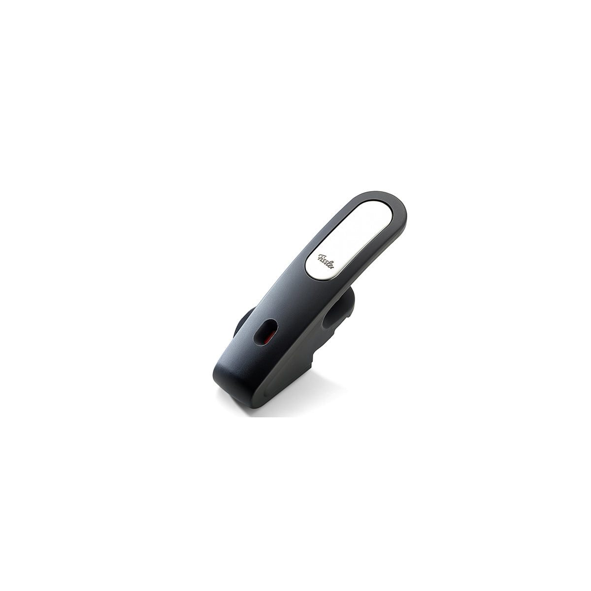 A black and silver Bluetooth earpiece with a small microphone on a white background highlights the precision of the Fissler Vitavit® Edition handle.