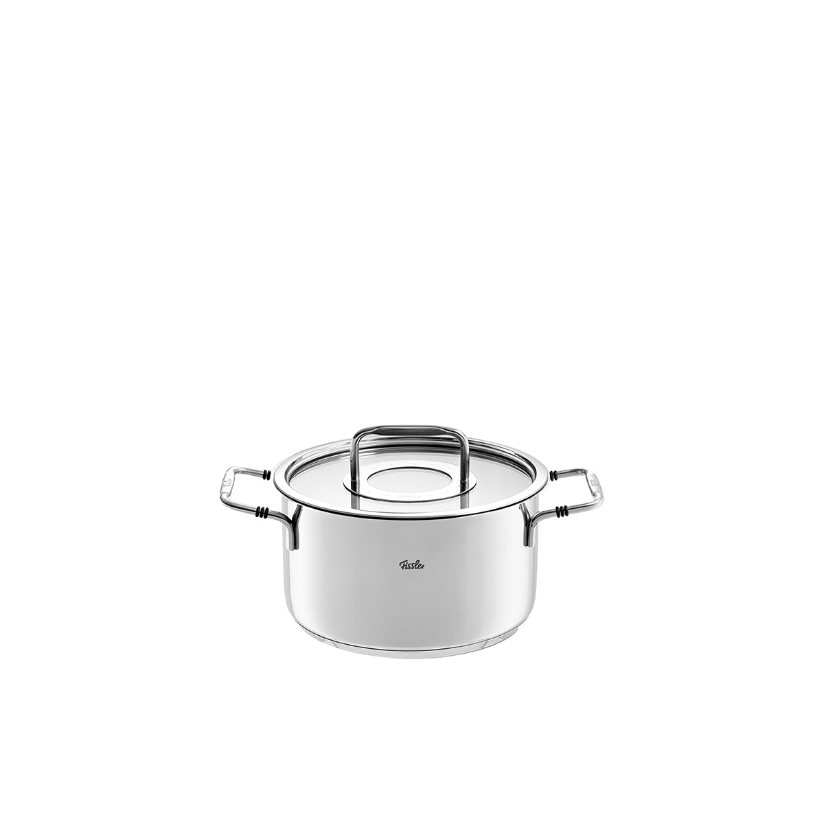 Fissler Bonn Cooking Pot: high-quality stainless steel pot with Glass Lid and super-thermal base, precision-made in Germany, on a white background.