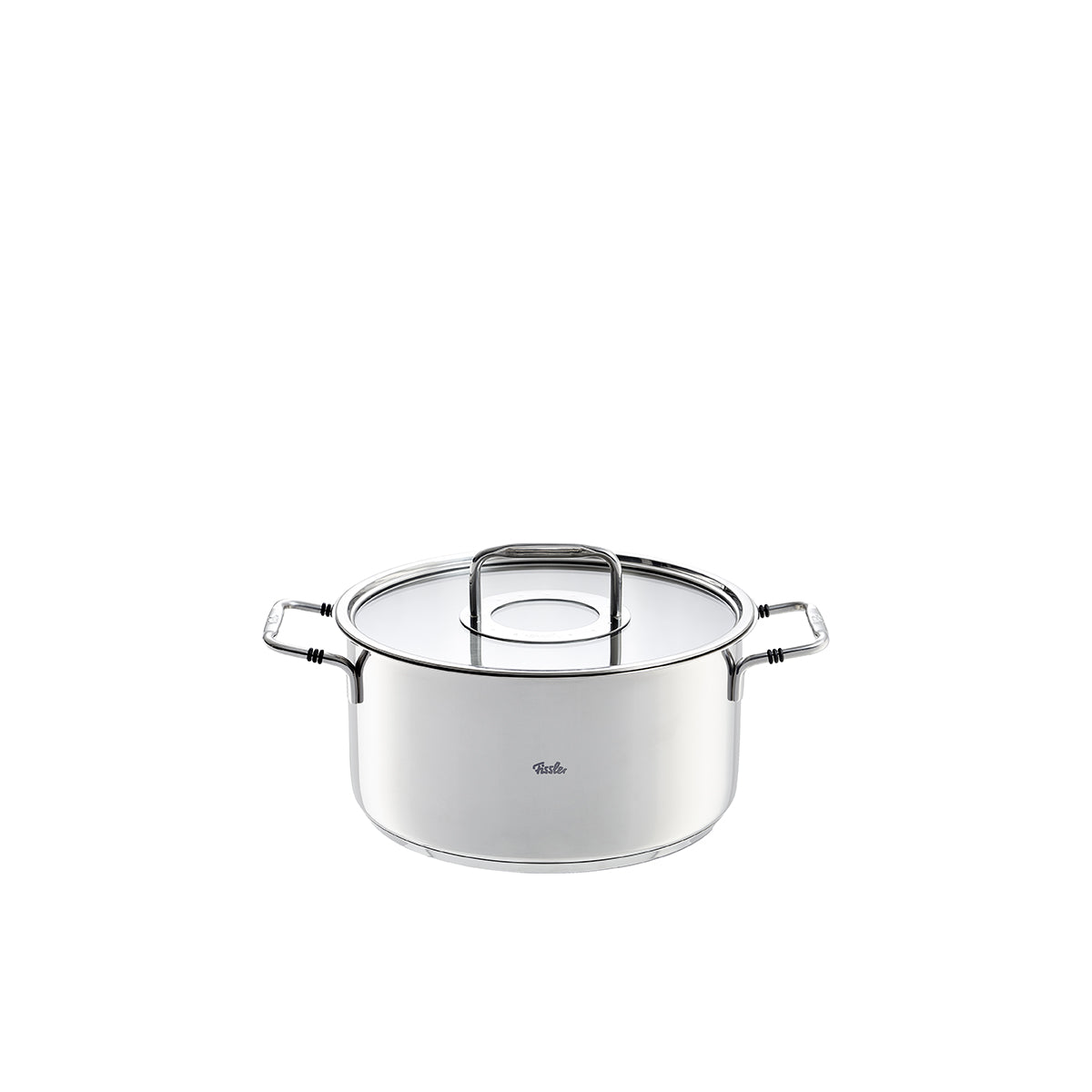 Fissler Bonn Cooking Pot made of high-quality stainless steel, superthermic base, ergonomic handles, Glass Lid on a white background.