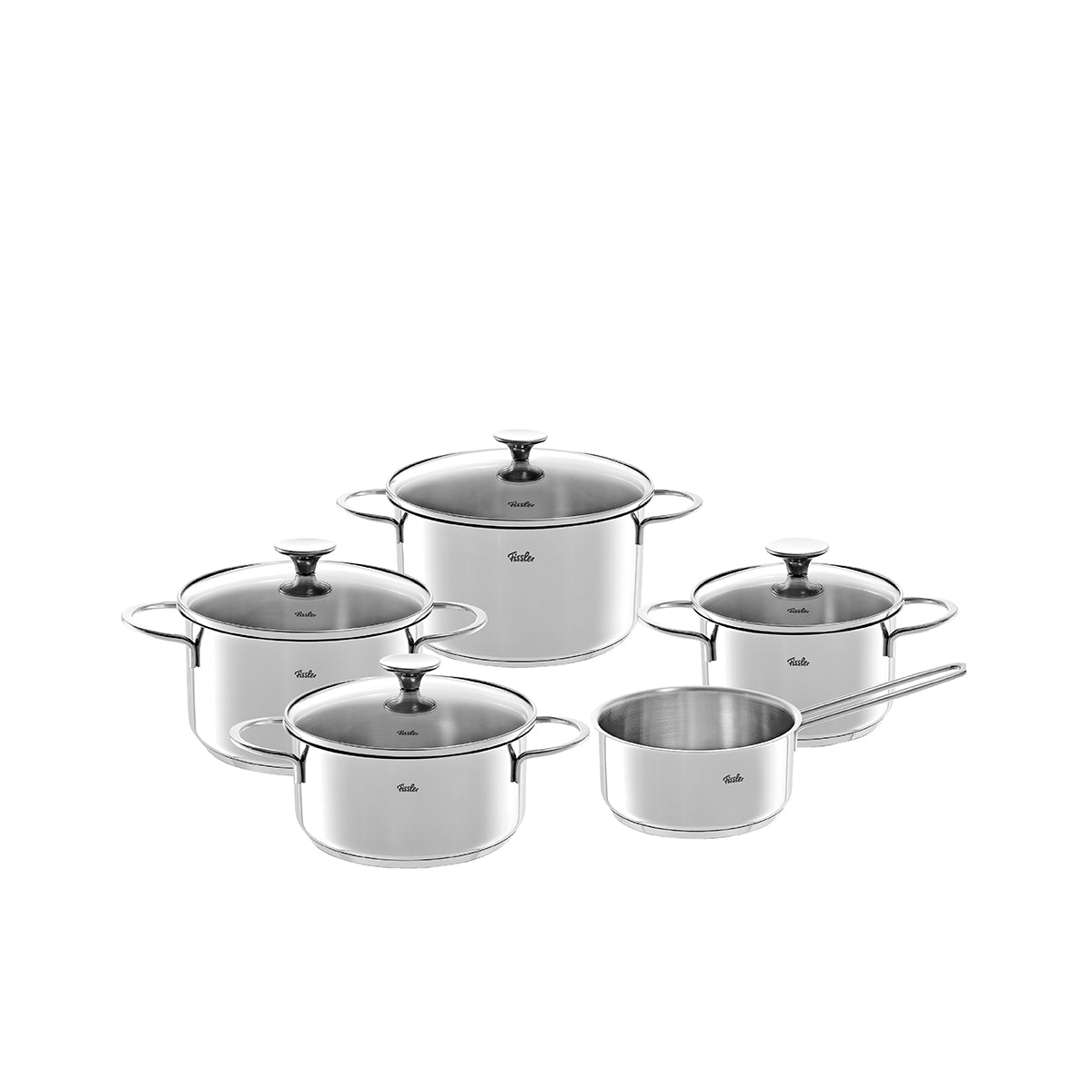 Fissler Copenhagen Topf-Set: fünf energiesparende Edelstahl-Töpfe mit Glasdeckeln, Made in Germany, auf weißem Hintergrund.