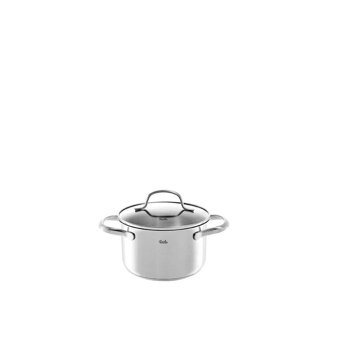 Fissler San Francisco Kochtopf aus Edelstahl 18/10, mit Mess-Skala, Deckel und Griffen - funktional & zeitlos vor weißem Hintergrund.