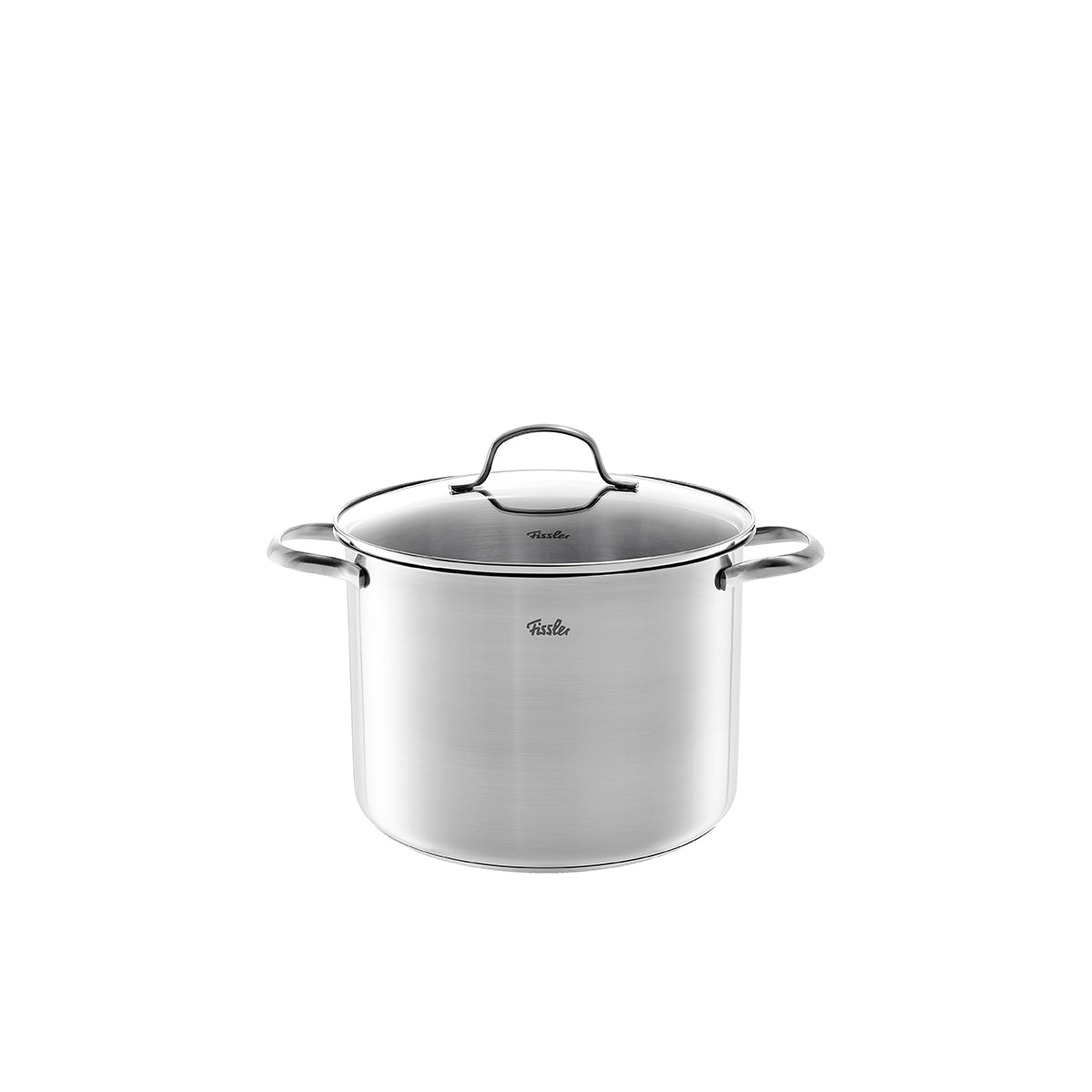 Fissler San Francisco Kochtopf: hochwertiger Edelstahl 18/10, ergonomische Griffe, Mess-Skala, Deckel; Fissler-Logo auf gebürsteter Oberfläche.