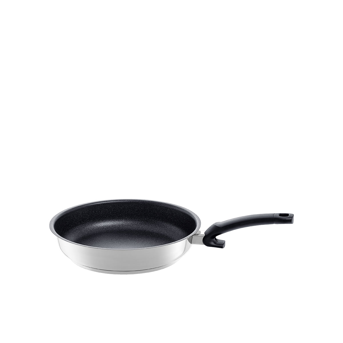 Fissler Adamant® Premium Frying Pan made of 18/10 stainless steel, scratch-resistant, black non-stick surface and handle - on white background.