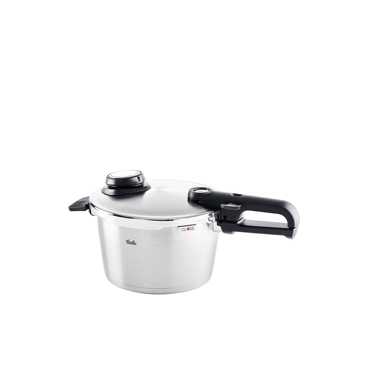 Experience German engineering with the Fissler Vitavit® Premium 2-piece stainless steel pressure cooker set featuring a sleek black handle and secure locking lid, expertly crafted for durability, precision, and timeless design—shown on a white background.