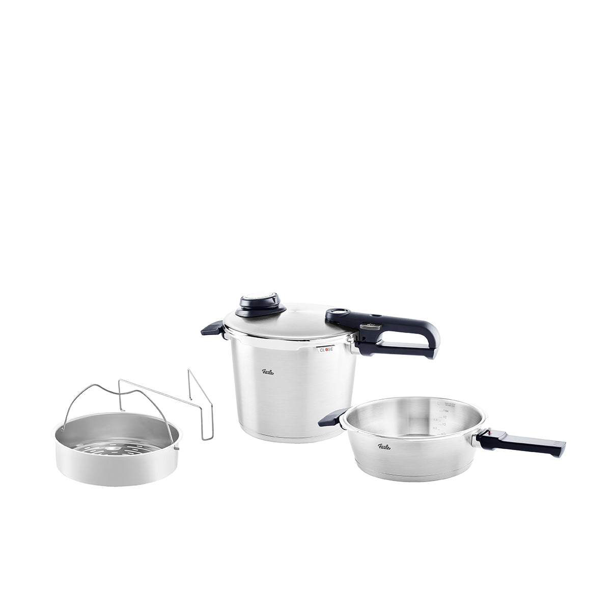 Fissler Vitavit® Premium Set: 2.5L Sauté Pan, 6L Pressure Cooker, Steamer Basket & Stand - Made in Germany.