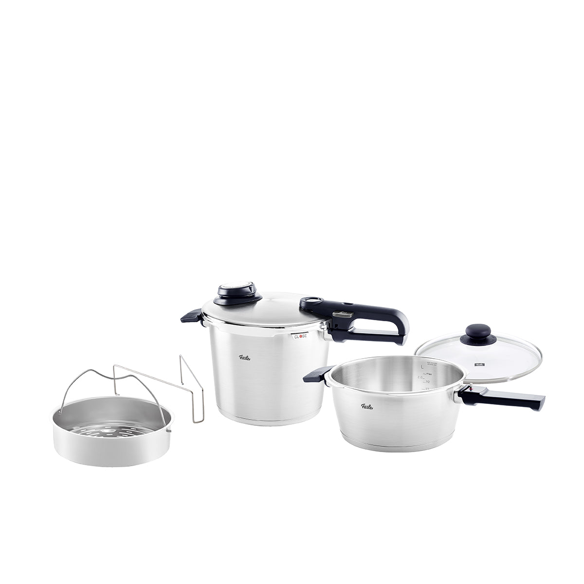 Fissler Vitavit® Premium 3-piece Stainless Steel Pressure Cooker Set, 3.5L & 6L, Glass Lid, Basket & Trivet. Quality Made in Germany.