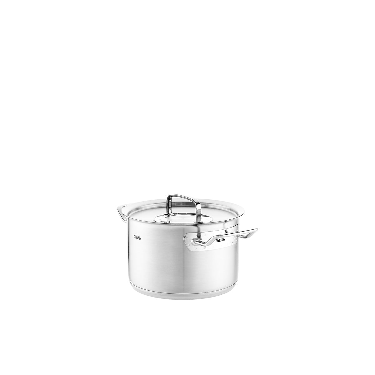 Fissler Original-Profi Collection® 4-piece stainless steel Cookware Set with lids and double handles, precision-made in Germany, on white background.
