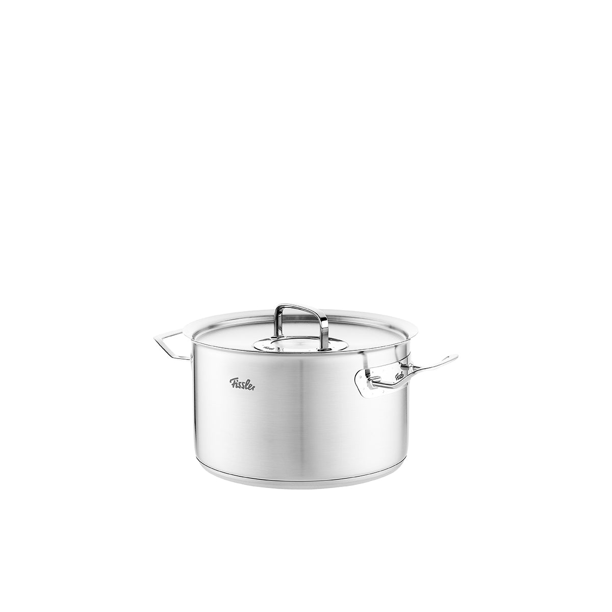Fissler Original-Profi Collection® 4-piece Cookware Set made of stainless steel, made in Germany, with lids and side handles on a white background.