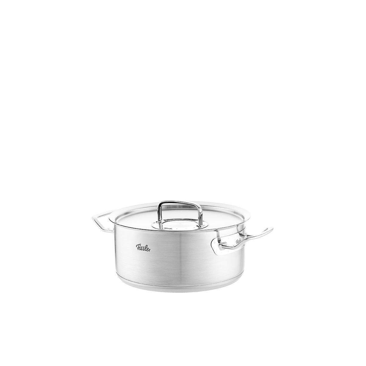 Der Fissler Original-Profi Collection® Bratentopf, Edelstahl mit Metalldeckel und seitlichen Griffen, dargestellt auf weißem Hintergrund.