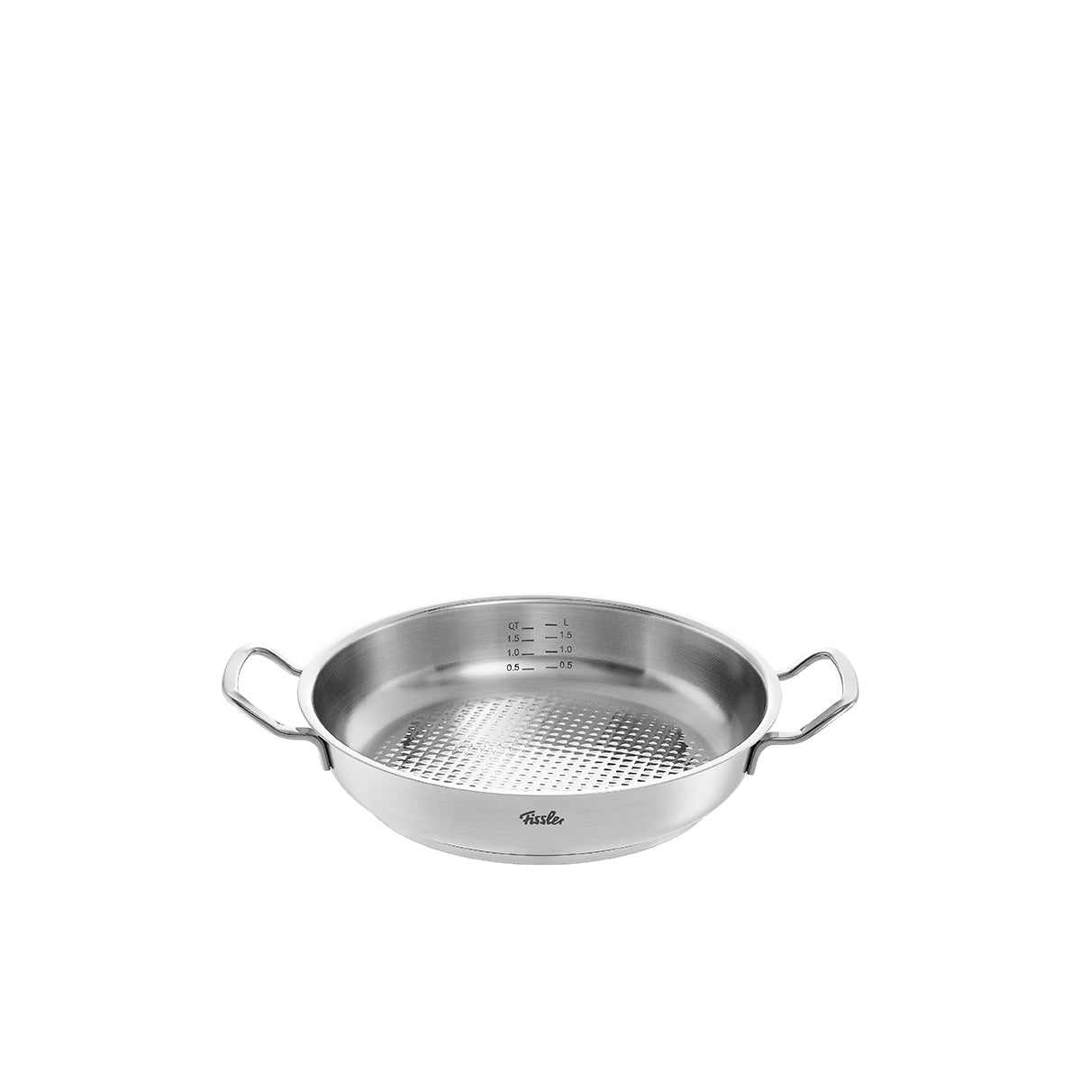 Fissler Original-Profi Collection® Serving Pan, suitable for induction, with double handles and inner measuring scale, on a white background.
