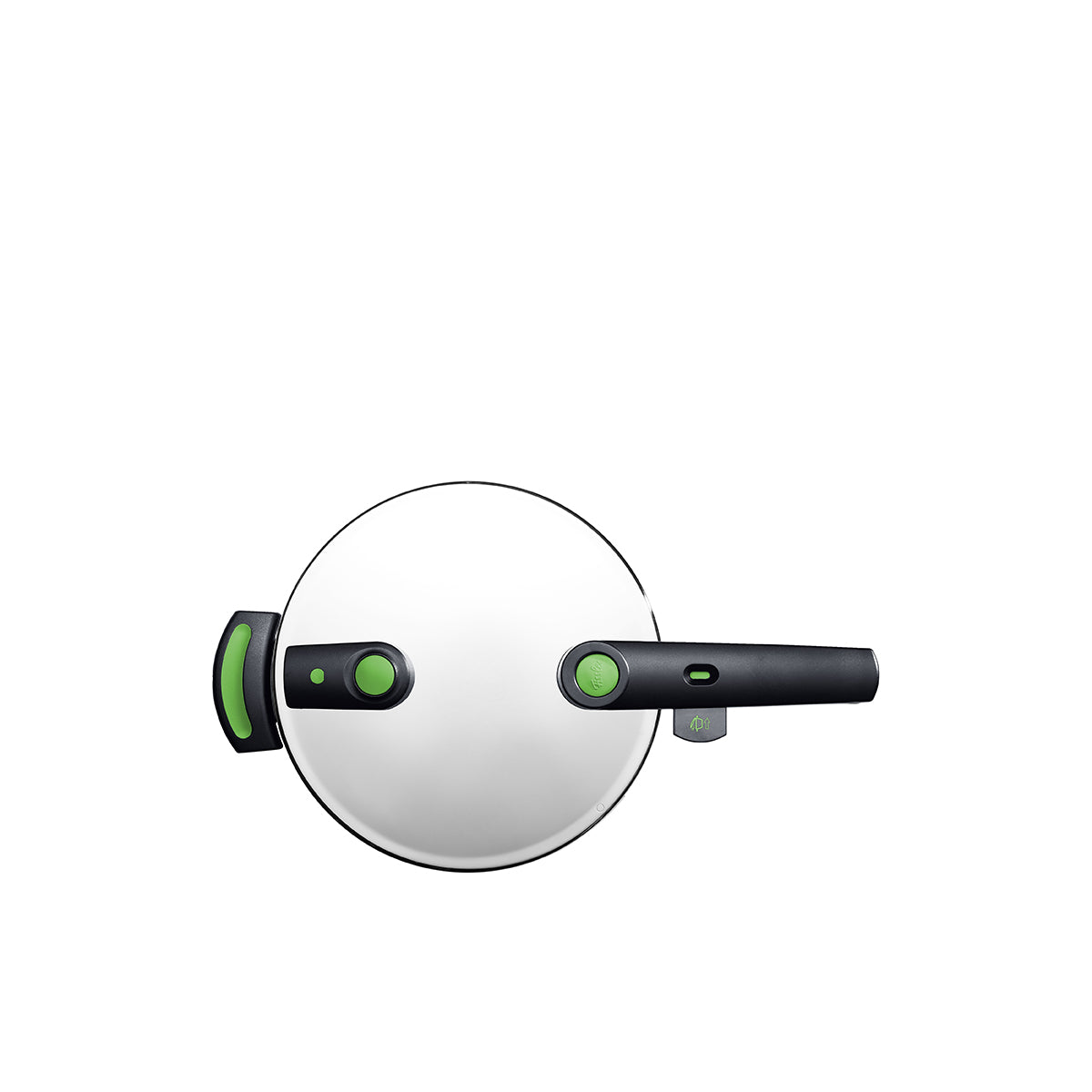 Draufsicht auf den Fissler Vitaquick® Green Schnellkochtopf, Edelstahl mit schwarz-grünem Griff, modernes deutsches Design auf weißem Hintergrund.