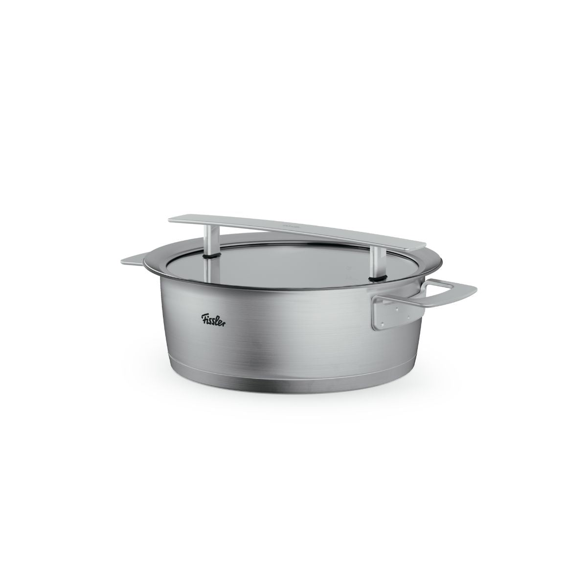 Fissler Phi Collection® Bratentopf mit Glasdeckel, in deutscher Fertigung, mit zwei breiten Griffen und innovativem Glasdeckel.
