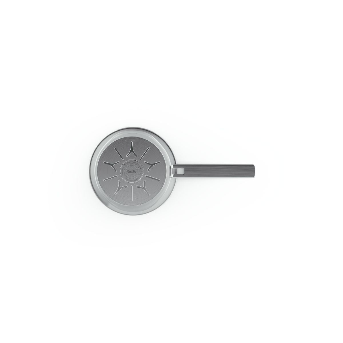 Draufsicht auf die Fissler Phi Collection® Stielkasserolle, einen präzise gefertigten deutschen Topf mit den charakteristischen strahlenförmigen Linien am Boden.