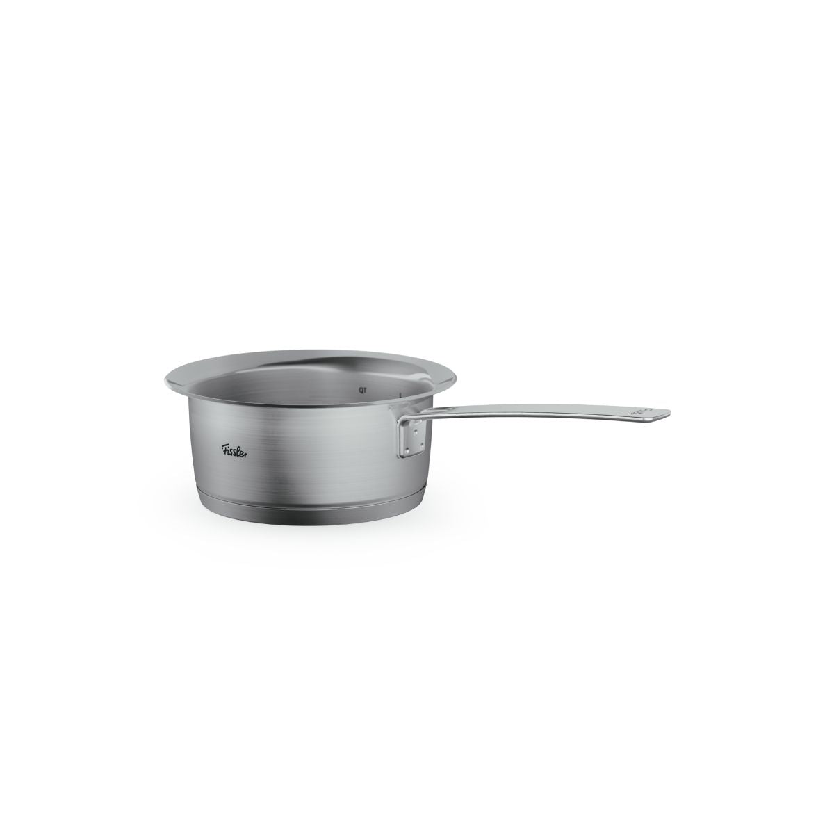 Fissler Phi Collection® 5-teiliges Kochtopfset aus Edelstahl mit Glasdeckeln, präzisionsgefertigt in Deutschland, auf weißem Grund.