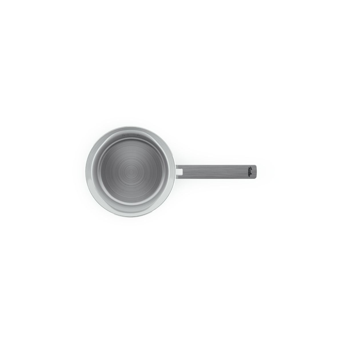 Draufsicht auf die Fissler Phi Collection® Stielkasserolle, einen hochwertigen Edelstahltopf mit langem Stiel, hergestellt in Deutschland.